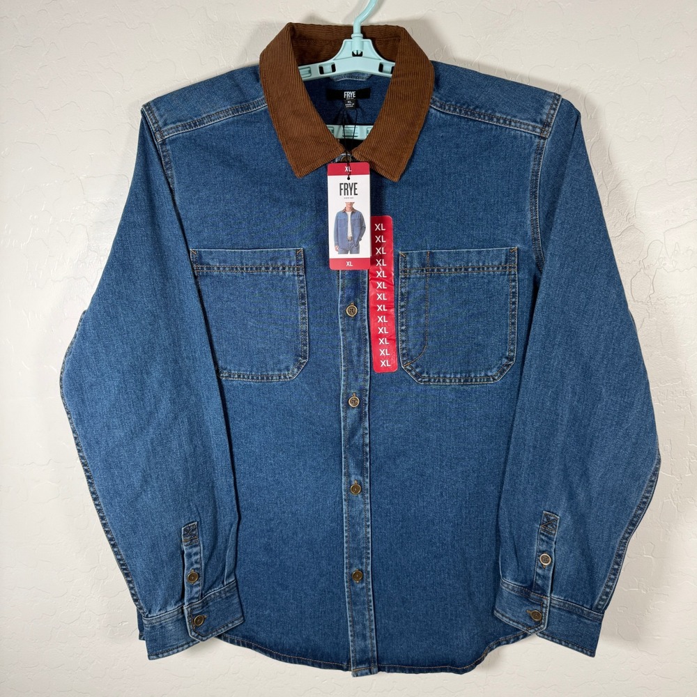Frye Barn Shacket Mens XL Blue Corduroy Trim Denim Shirt Jacket Medium Wash NEW